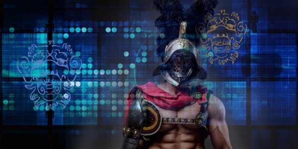 Abbildung: Gladiator steht vor blauem Hintergrund mit schwebenden Löwen-Signets von Lavvit